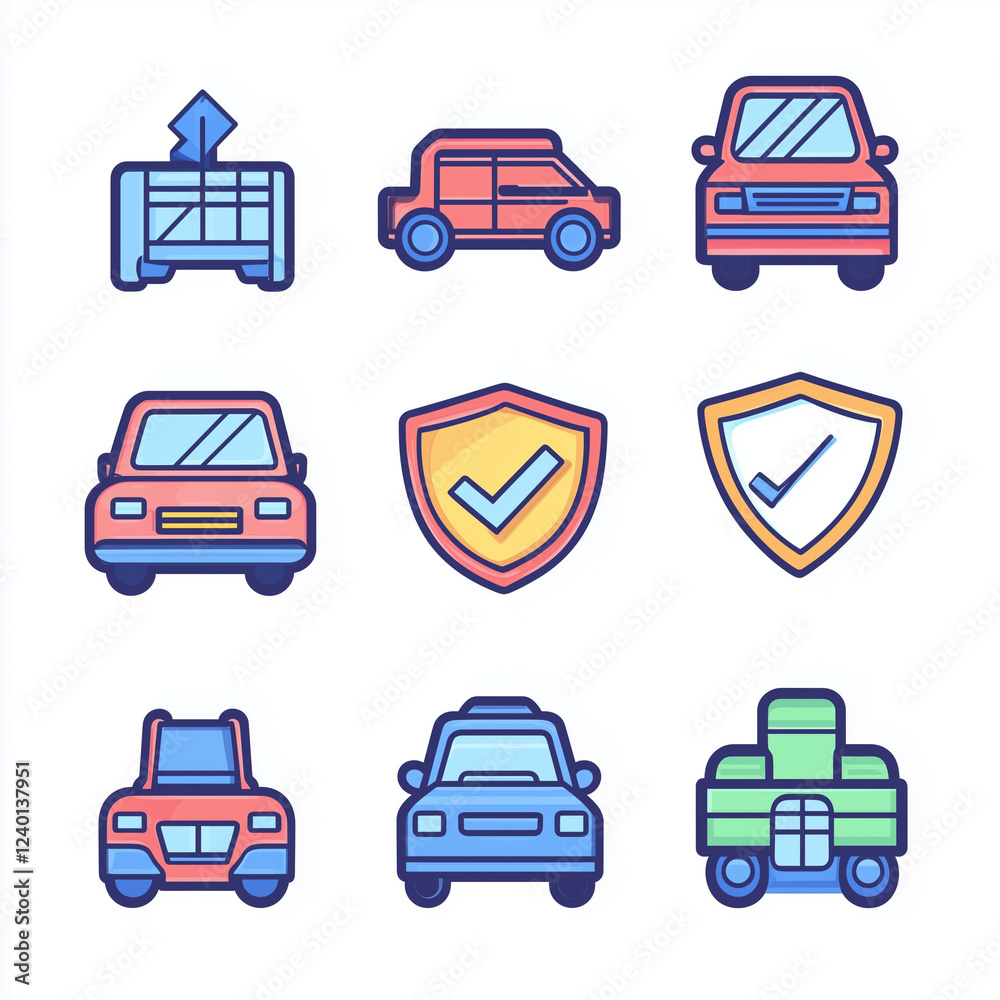 Vehicle insurance icons in line and flat style. Car with shield protection and check mark or tick symbol. Vector illustration Vehicle insurance icons in line and flat style. Car with shield protection and check mark or tick symbol. Vector illustration