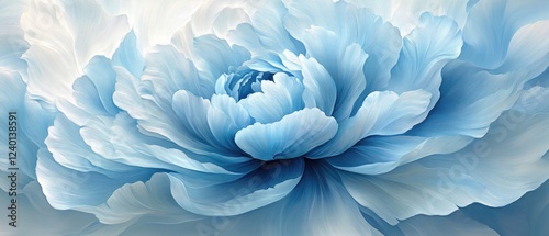 Large delicate blue flower with many petals in a soft painted style creating a serene mood