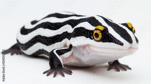 Black-and-white striped frog, studio shot, white background, wildlife photo