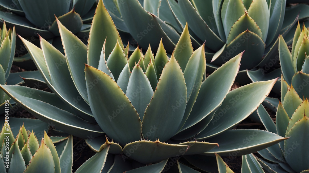 Fototapeta premium A striking close-up reveals the intricate details of several agave plants, showcasing their spiky leaves and rosette pattern.