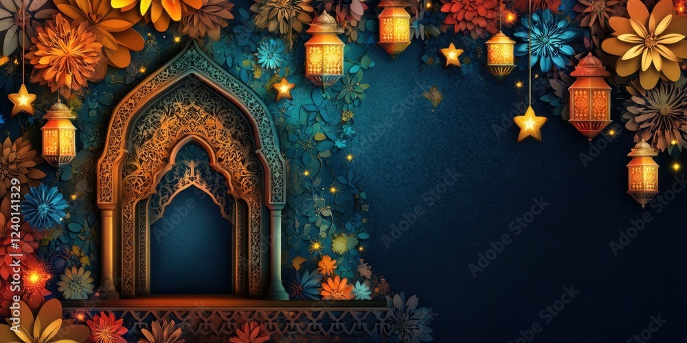 Fototapeta premium Enchanted Ramadan Festive Archway: Ornate Gateway Adorned with Colorful Flowers and Glowing Lanterns