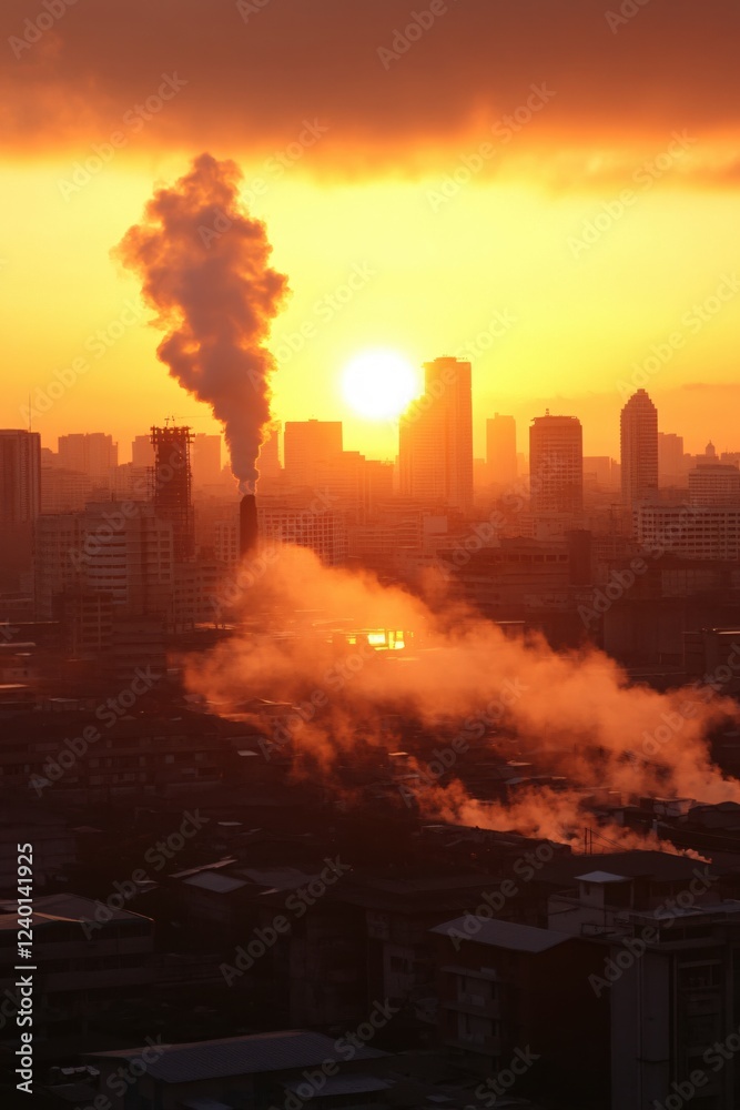 Cityscape at dawn with rising sun and smoke plumes creating a golden and orange atmosphere Cityscape at dawn with rising sun and smoke plumes creating a golden and orange atmosphere