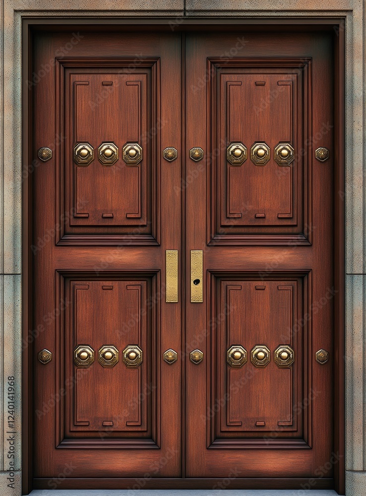 Rich mahogany double door with ornate brass accents. Rich mahogany double door with ornate brass accents.