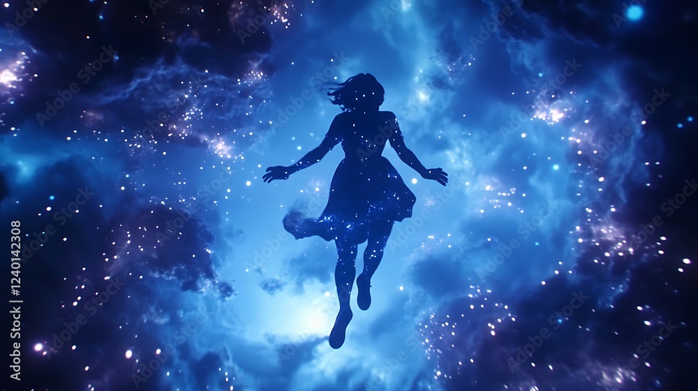 Naklejka premium A Silhouette of a Woman Falling Through a Starry Sky
