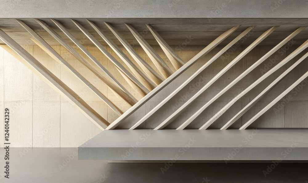 Naklejka premium Modern architectural design featuring dynamic wooden slats and textured concrete wall