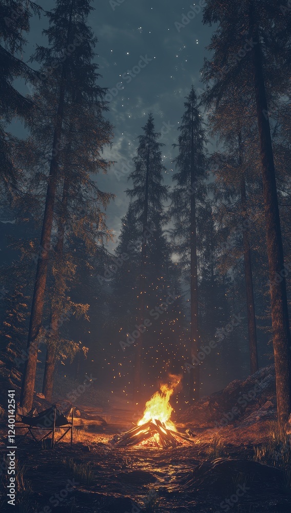 Campfire in a dark forest at night. Campfire in a dark forest at night.