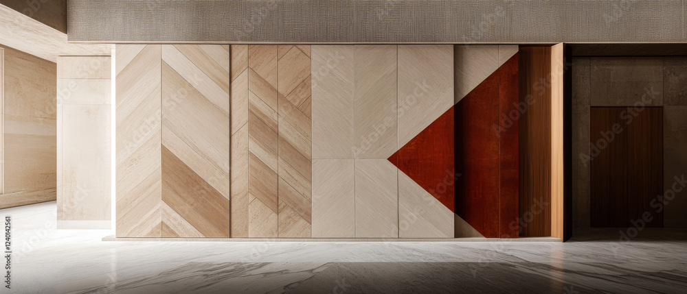 Modern wooden wall design featuring various textures and colors in a spacious interior Modern wooden wall design featuring various textures and colors in a spacious interior