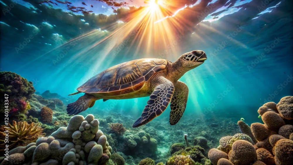 Obraz premium Graceful Sea Turtle Swimming Among Vibrant Coral Reef Life