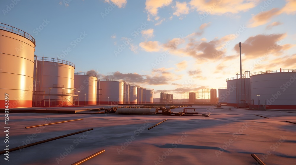 A large and expansive industrial chemical plant with towering storage tanks dominating the landscape The facility features a complex array of machinery equipment A large and expansive industrial chemical plant with towering storage tanks dominating the landscape The facility features a complex array of machinery equipment