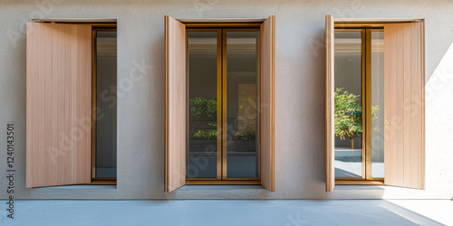 Modern architectural design showcasing open wooden shutters on elegant windows