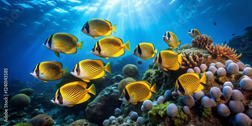 Colorful Yellow Fish Swimming in Vibrant Coral Reef Underwater Scene photo