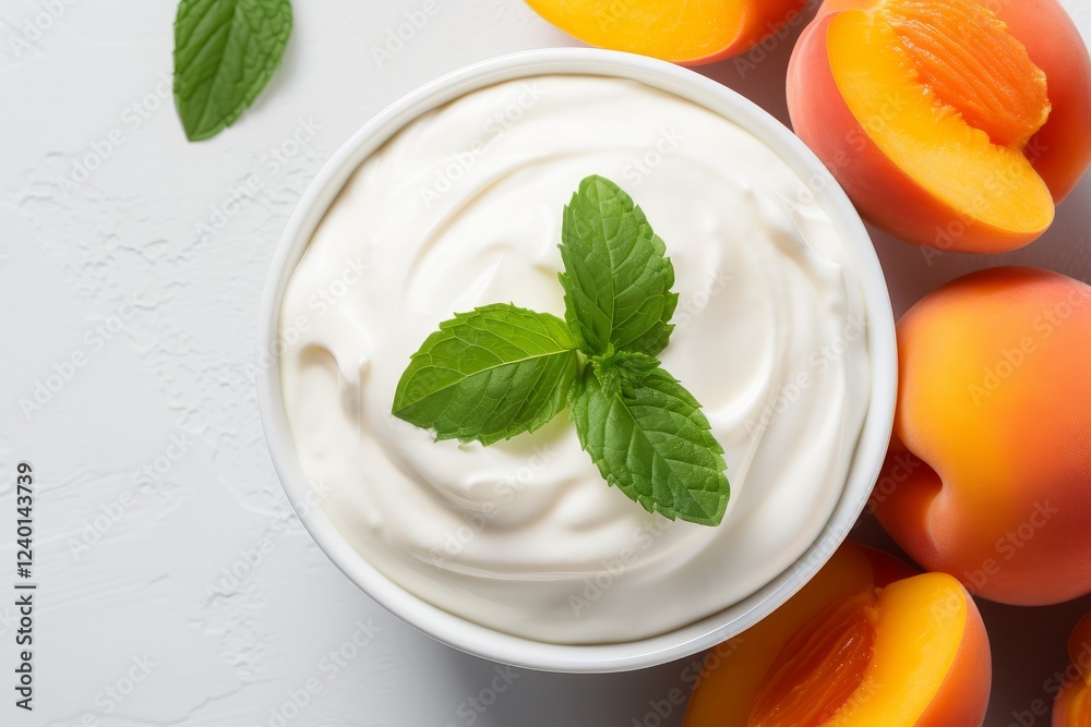 Delightful creamy yogurt paired with ripe peaches and fresh mint leaves. Generative AI Delightful creamy yogurt paired with ripe peaches and fresh mint leaves. Generative AI