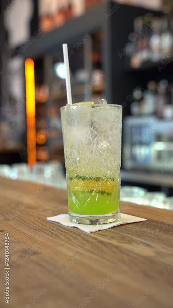 A vibrant lime soda cocktail served in a textured glass sits on a wooden bar counter. The drink is garnished with fresh lime slices and ice, with a straw ready for sipping. A vibrant lime soda cocktail served in a textured glass sits on a wooden bar counter. The drink is garnished with fresh lime slices and ice, with a straw ready for sipping.