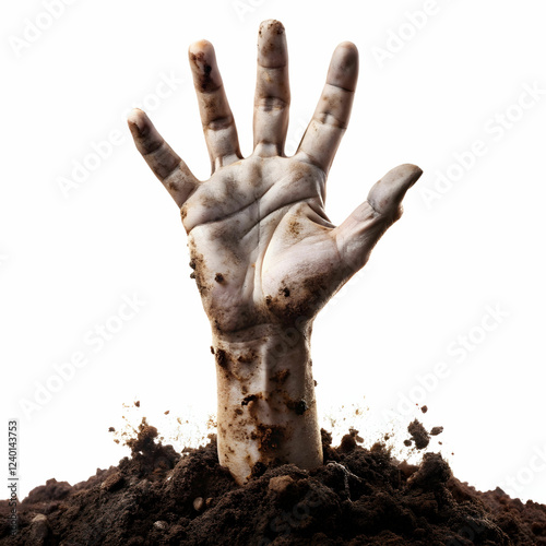Zombie Hand Coming Out of Soil isolated on white Background