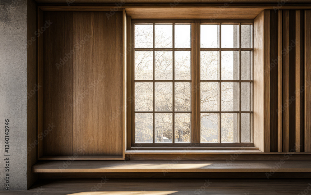 Fototapeta premium Elegant wooden window frame with natural light illuminating a serene interior space
