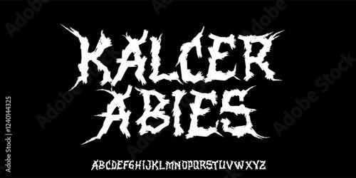 Gothic Punk style type font with Rock and Dark Rock signs and symbols. Dark style font 00s concept. Rock n Roll style lettering, designed in a heavy metal inspired font. Vector illustration