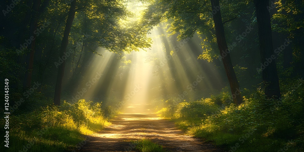 Obraz premium Sunbeams Illuminating Forest Path
