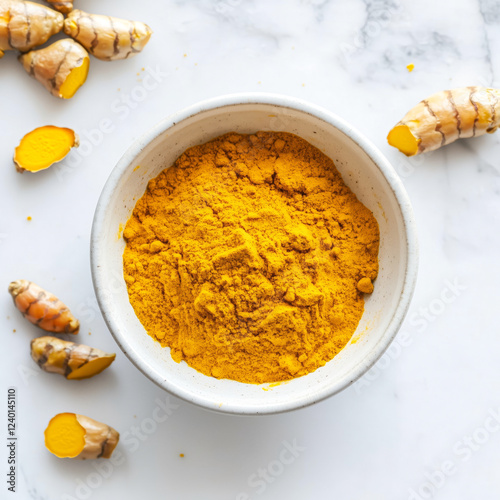 Turmeric powder in a white bowl surrounded by fresh turmeric on a white background