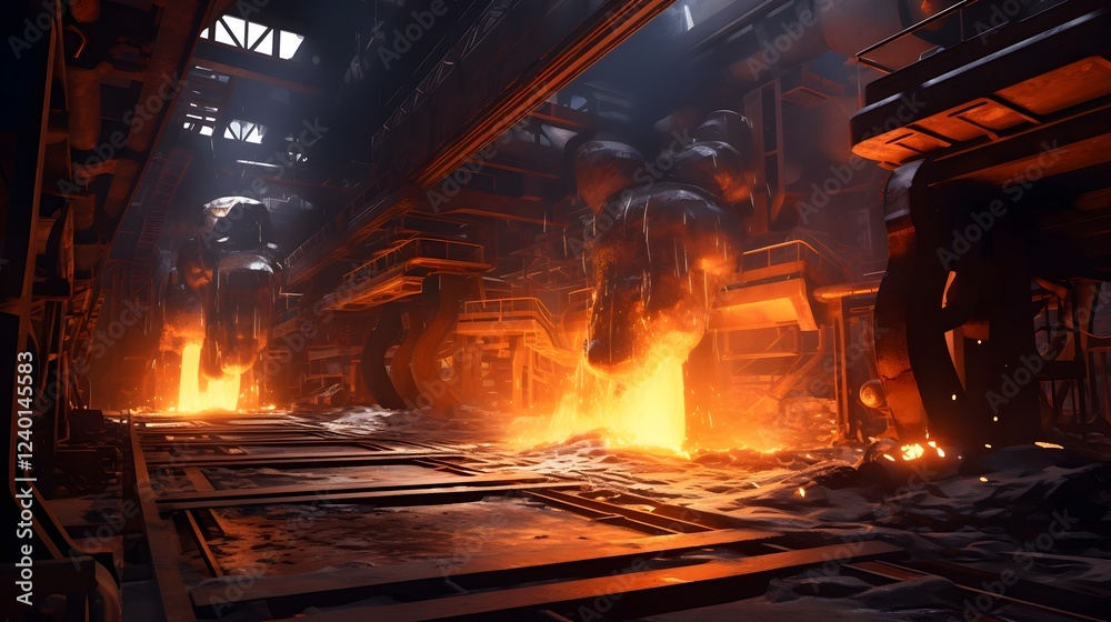 Glowing Molten Metal Being Shaped into Steel Beams at an Intensive Industrial Steel Mill Production Facility High Heat Metalworking and Manufacturing Process Glowing Molten Metal Being Shaped into Steel Beams at an Intensive Industrial Steel Mill Production Facility High Heat Metalworking and Manufacturing Process