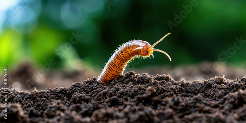 Orange millipede on soil macro. Wildlife and nature background photo