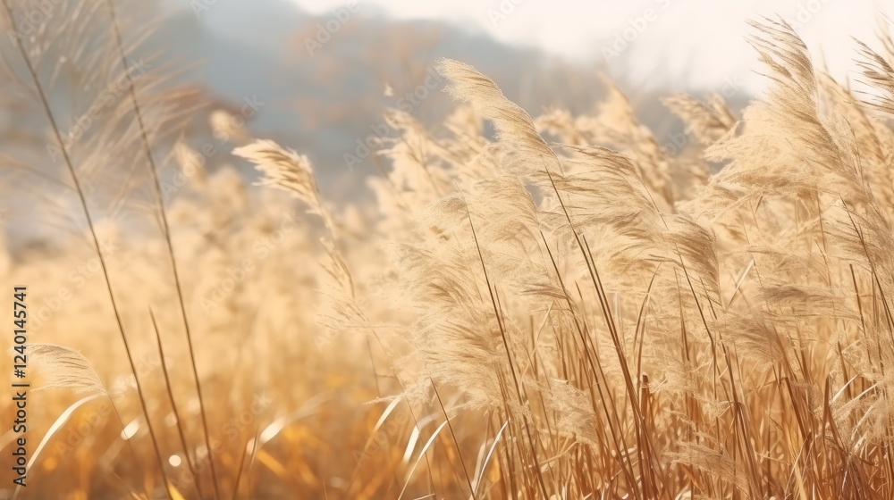 Fototapeta premium Golden reeds swaying gently in the warm afternoon light near the serene lake. Generative AI