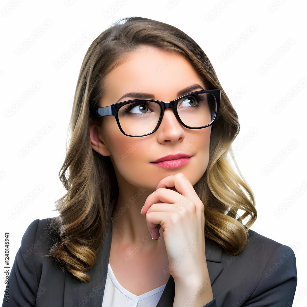 Woman with Glasses Thinking on white Background Woman with Glasses Thinking on white Background