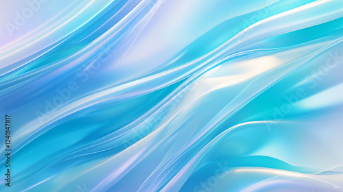 Abstract background with blue and white wavy shapes, a light aquamarine and sky-blue gradient, flowing fabrics, soft edges and blurred details, smooth curves, glossy, luxurious photo