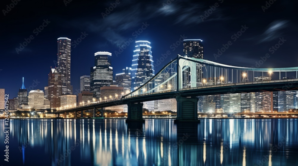 Fototapeta premium Nighttime skyline illuminated by city lights and reflected on water surface. Generative AI