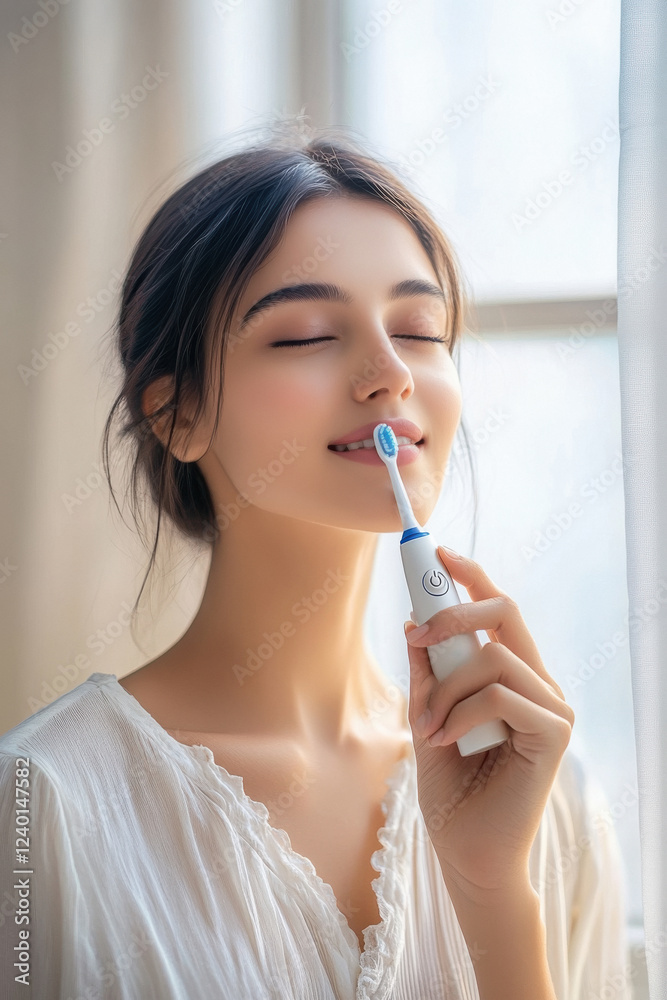 A Indian model woman is holding electric toothbrush A Indian model woman is holding electric toothbrush