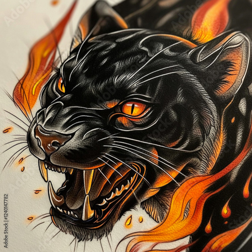 Neotraditional tattoo of a panther with flames. photo