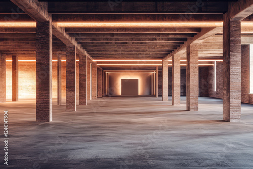 Modern industrial space with dramatic lighting and open layout