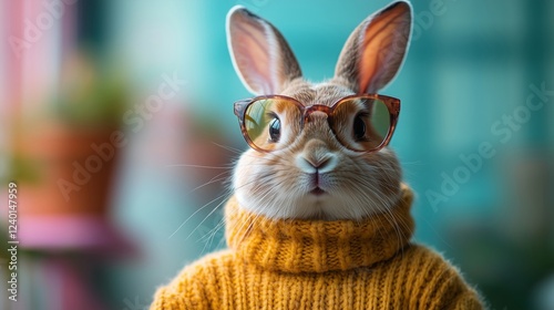 Charming Rabbit in Glasses and Sweater Creates a Warm Atmosphere