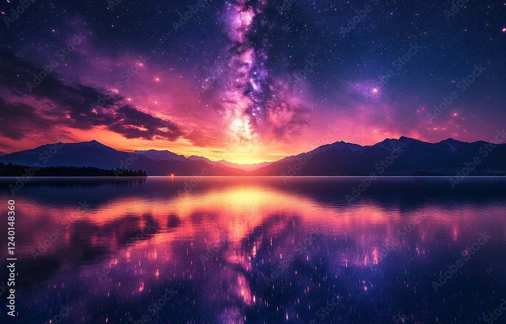 Fototapeta premium Celestial Sunset: A Serene Mountain Lake Reflecting the Milky Way