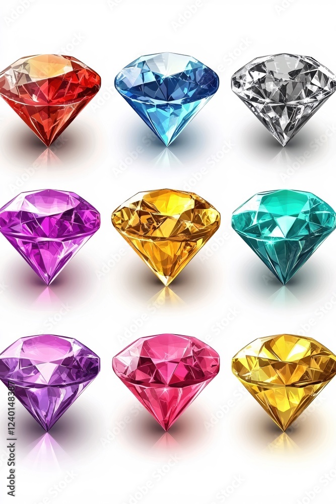 Nine colorful diamonds arranged in a grid on white background with reflections and bright light Nine colorful diamonds arranged in a grid on white background with reflections and bright light