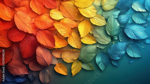 Autumnal Transition: A Spectrum of Colorful Leaves in a Gradient Display of Fall Foliage photo