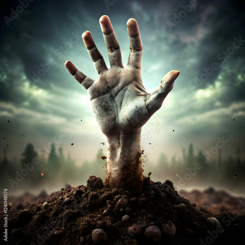 Zombie Hand Coming Out of Soil isolated on white Background
