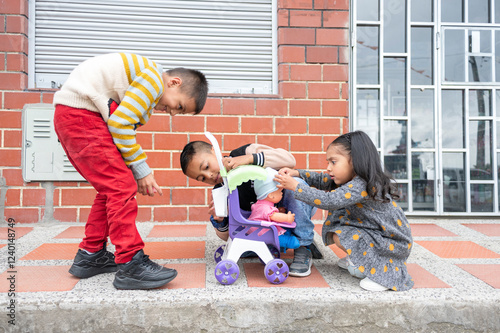 Latin american children playing with a doll in a toy stroller