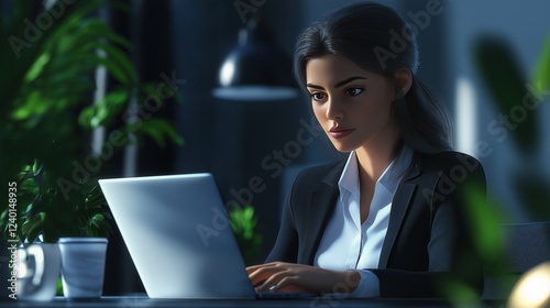 3D illustration of a professional woman in a dark office working on a laptop. Elegant and focused business setting with moody lighting and greenery.