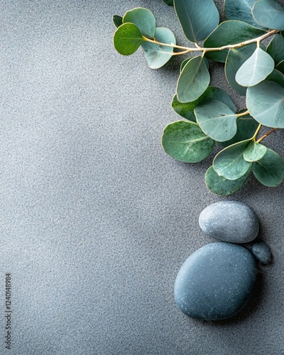 Minimalist composition with eucalyptus branch and smooth stones on a textured gray surface