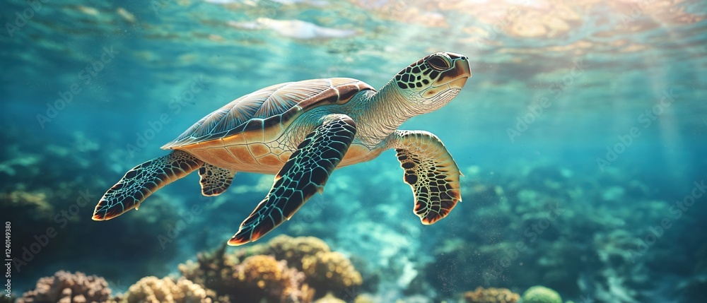 Fototapeta premium Sea turtle swimming gracefully in clear blue ocean water with sunlight filtering from above