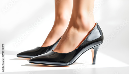 Stylish women’s office heels with a polished patent leather finish, glowing gracefully on a white backdrop