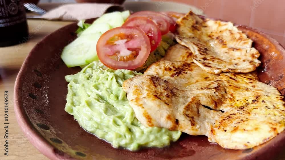 Grilled chicken with guacamole and sides, a typical Mexican dish Grilled chicken with guacamole and sides, a typical Mexican dish