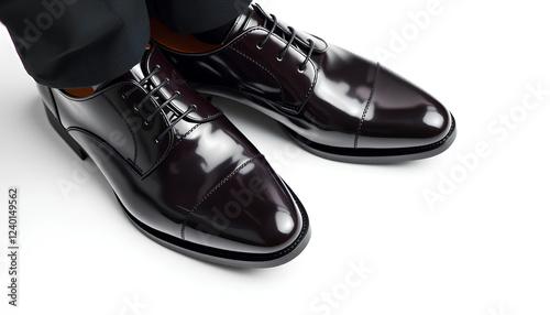 Luxury men's dress shoes with a glossy patent leather finish, gleaming flawlessly on a white background photo