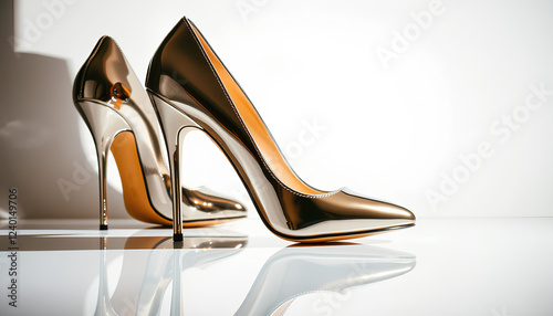Glamorous women's high heels with a mirror-finish, catching and reflecting light in a dazzling display, set against a white background
