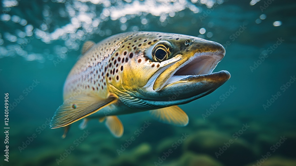 Naklejka premium Brown trout swimming underwater in clear water with open mouth and spotted pattern