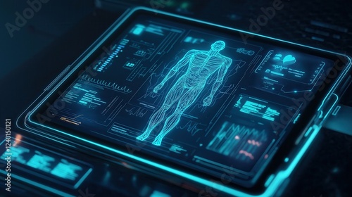 High-tech medical tablet displaying a futuristic digital interface with a holographic human anatomy scan, biometric data, and health monitoring charts. Technology background