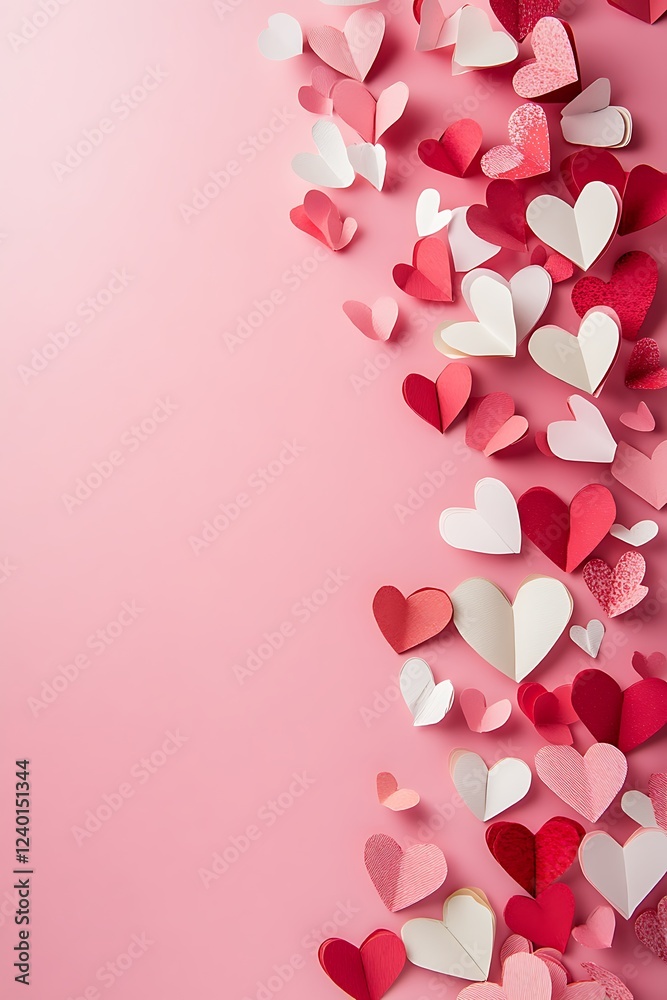 Fluttering Hearts: A whimsical display of red pink and white paper hearts cascading down a soft pink backdrop perfect for Valentine's Day Fluttering Hearts: A whimsical display of red pink and white paper hearts cascading down a soft pink backdrop perfect for Valentine's Day