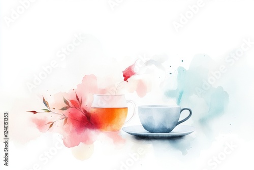A dreamy watercolor depiction of a person pouring just enough tea into a cup, with soft pastel hues and gentle brushstrokes highlighting the serene moment