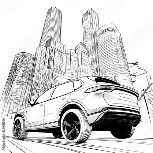 Black and White Illustration of a Modern Cityscape photo