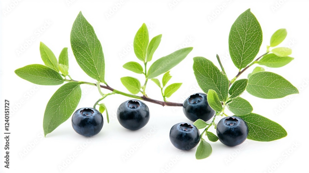 Fresh Blueberries and Green Leaves on a White Background